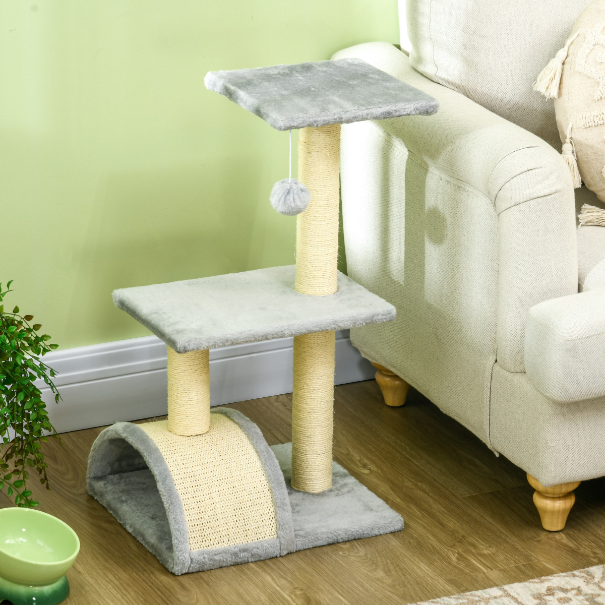 PawHut 72cm Multi-Level Cat Tree Climbing Tower with Sisal Scratching Post and Perches – Light Grey