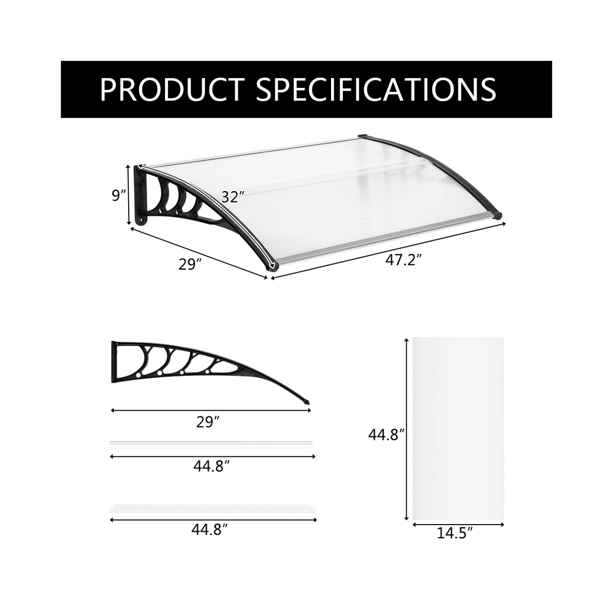 Door and Window Rain Cover Eaves Canopy, 120 x 80cm – Polycarbonate Shelter, Aluminium Bracket, White