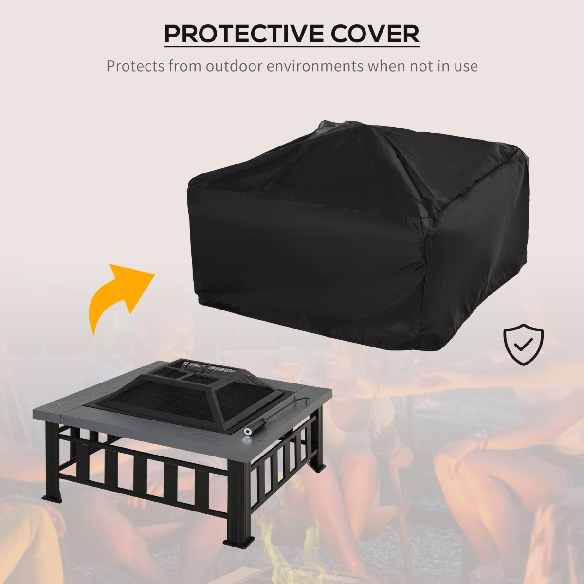 Outsunny Square Fire Pit with Faux Stone Tabletop and Waterproof Mesh Cover – Black/Grey