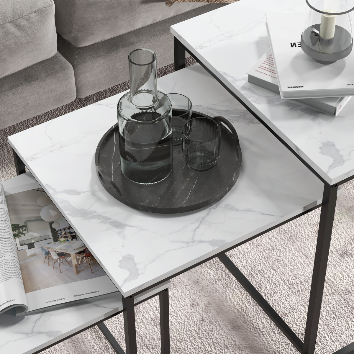 HOMCOM Nesting Coffee Tables Set of 3 with Marble-Effect Tops and Steel Frames – Sofa Side Tables, White