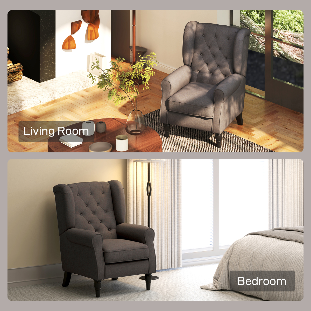 Retro Wingback Accent Armchair with Solid Wood Frame & Padded Seat – Vintage Living Room Chair, Brown