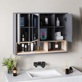 HOMCOM Wall-Mounted Bathroom Mirror Cabinet with Eight Compartments and Shelves, Grey