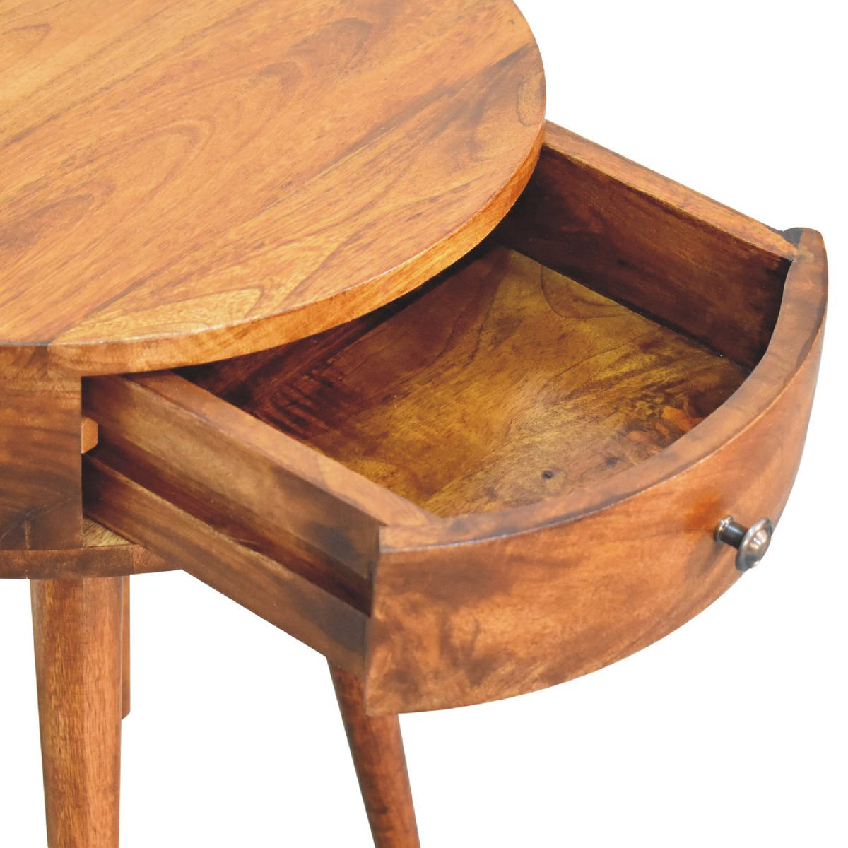 Artisan Furniture Solid Wood Chestnut Bedside Table with Drawer & Brass Knob – Rounded Edges, Dark Brown