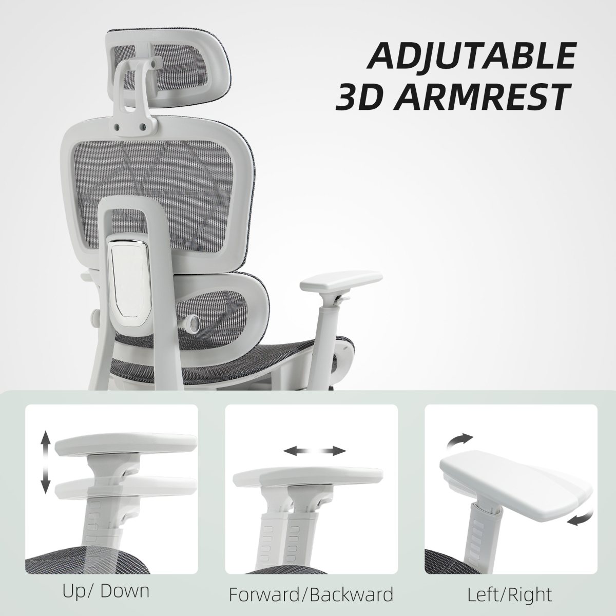 HOMCOM Ergonomic Mesh Office Chair with 3D Armrests, Adjustable Headrest & Footrest – Grey