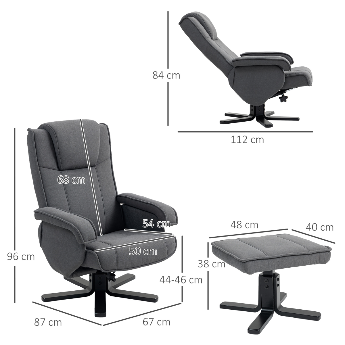 Swivel Recliner Chair with Footstool, 135° Manual Recline & Velvet-Feel Fabric – Armchair, Charcoal Grey