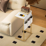 C-Shaped Side Table with Charging Station, USB Ports & Storage Bags – Sofa Side Table, White Marble Effect