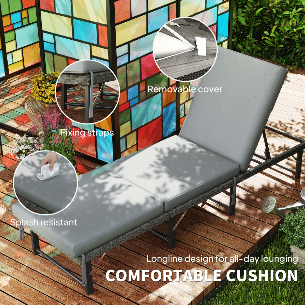 Outsunny Folding Rattan Sun Lounger with 6-Level Adjustable Back & 8cm Cushion – Garden Poolside Recliner, Grey
