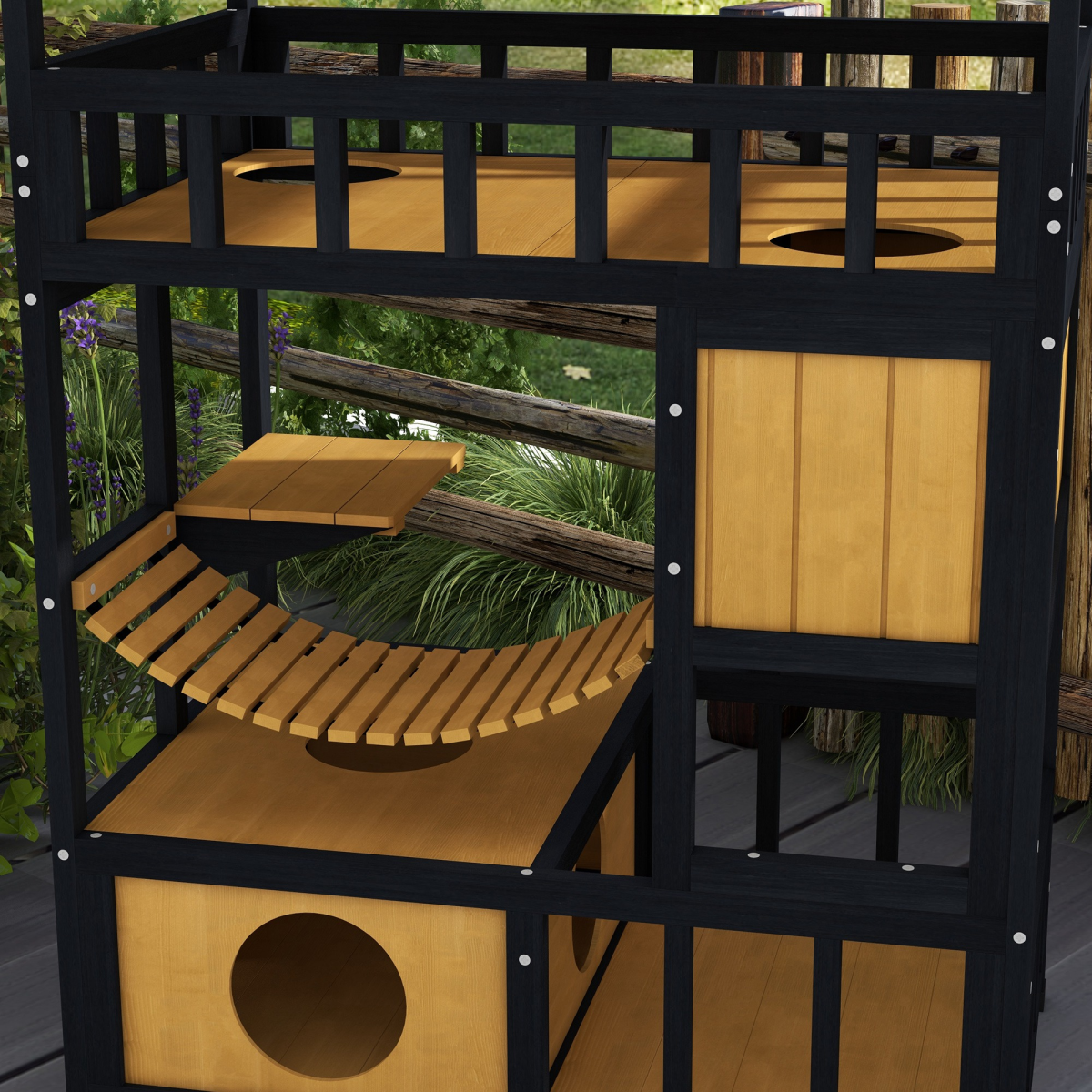 PawHut Outdoor Wooden Cat House with Suspension Bridge, Two Lounges and Sun Decks – Weather-Resistant Shelter, Yellow, Black and Red