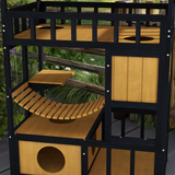 PawHut Outdoor Wooden Cat House with Suspension Bridge, Two Lounges and Sun Decks – Weather-Resistant Shelter, Yellow, Black and Red