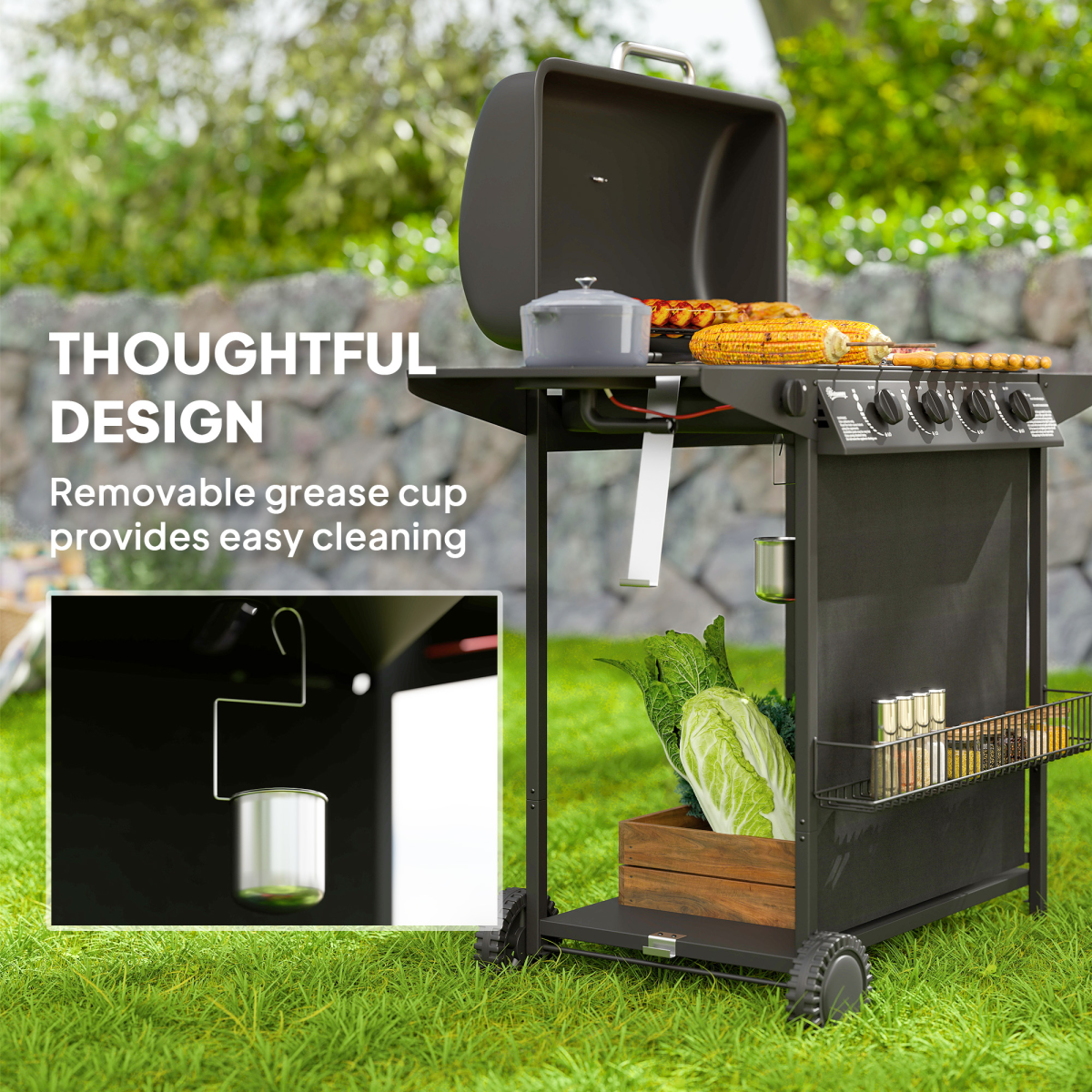 Outsunny 5 Burner Gas Barbecue Grill with Side Burner, Lid and Thermometer – Portable BBQ, Black