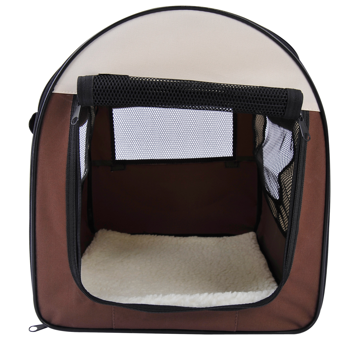 PAWHUT Folding Soft Pet Crate with Lamb Mat, Mesh Windows & Ground Stakes – Dog & Cat Travel Carrier, Brown
