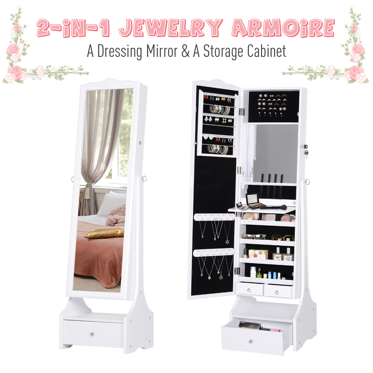 Floor-Standing Mirrored Jewellery Armoire with Lock & LED Light – Full-Length Mirror Cabinet, White