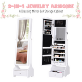 Floor-Standing Mirrored Jewellery Armoire with Lock & LED Light – Full-Length Mirror Cabinet, White