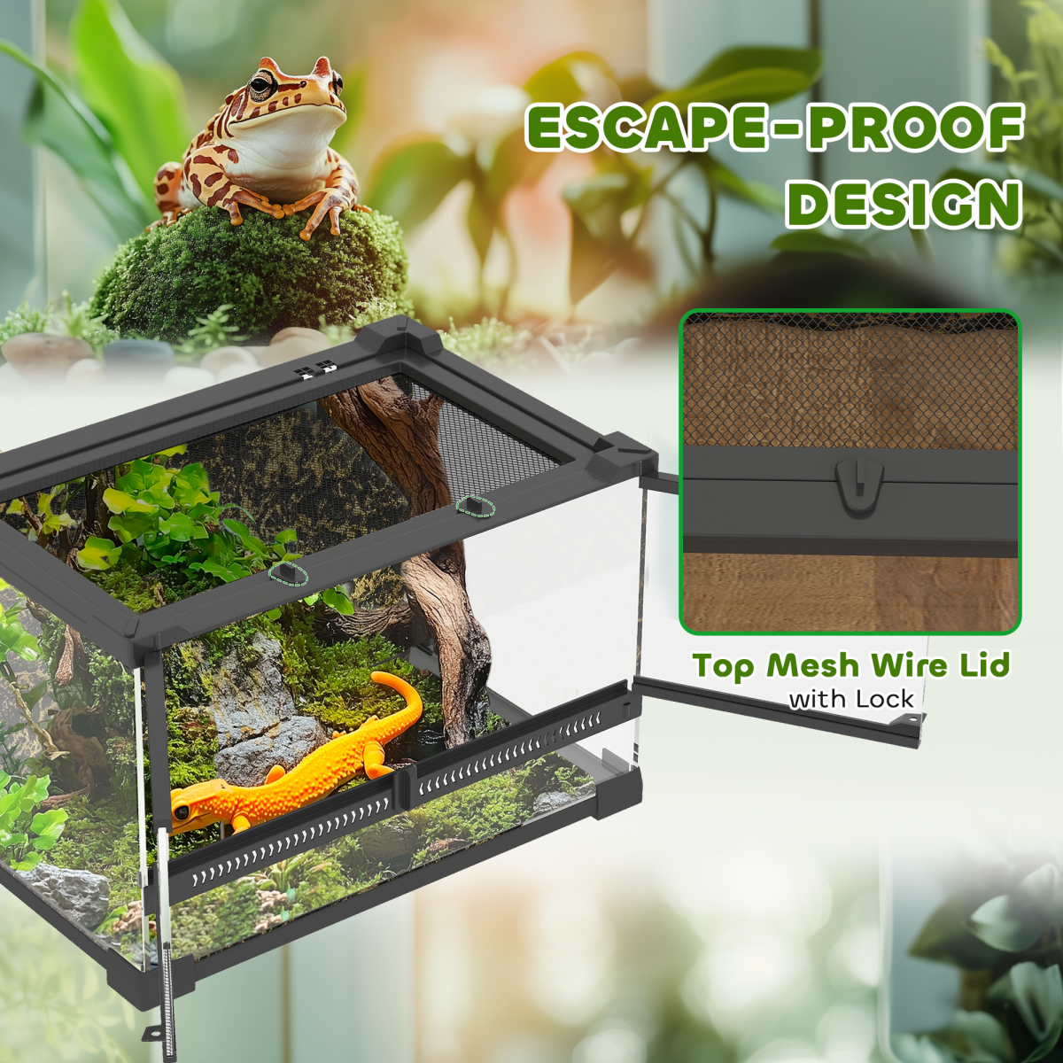 Reptile Glass Terrarium with Rock Background, Ventilated Lid & Waterproof Base – 10L Habitat, Black