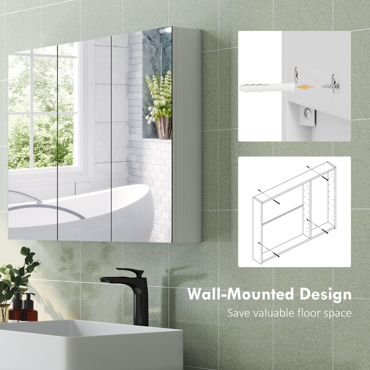 HOMCOM Wall-Mounted Bathroom Mirror Cabinet with 3 Mirrored Doors & 4 Adjustable Shelves – Storage, White