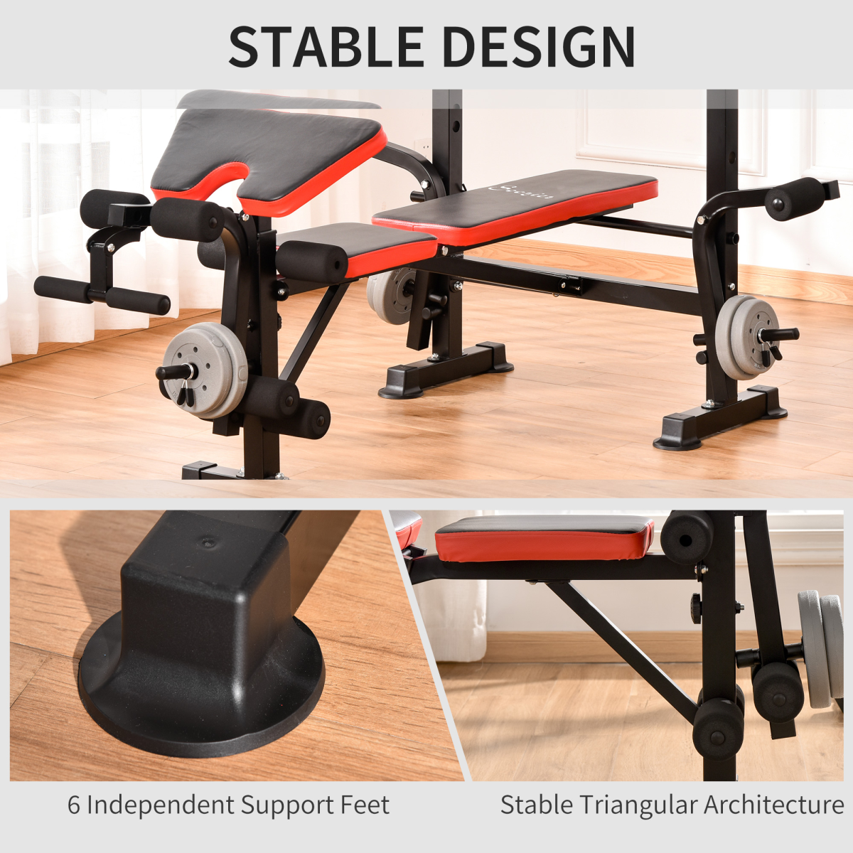 HOMCOM Multi-Function Adjustable Weight Bench with Barbell Rack, Preacher Curl Pad & Leg Curl – Home Gym