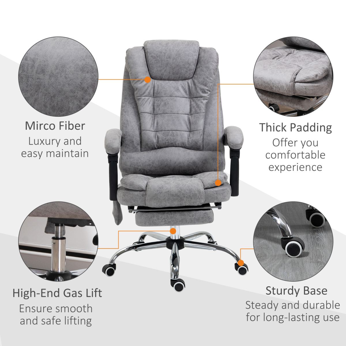 Vinsetto Heated Massage Office Chair with 6 Vibration Points & Footrest – Reclining Home Office Chair, Grey