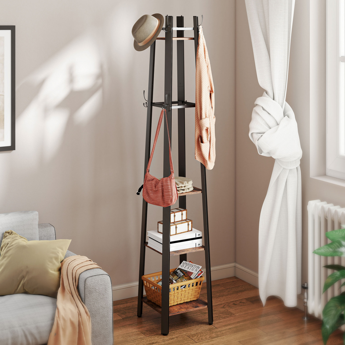 Industrial Coat Stand with 4 Shelves & 8 Triple Hooks – Slim Hallway Storage, Rustic Brown