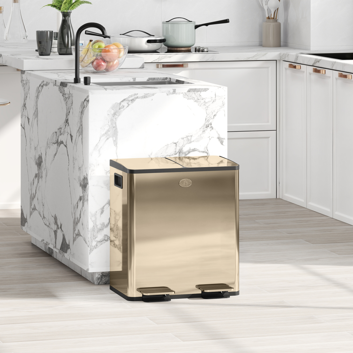 Dual Kitchen Pedal Bin with 2 x 20L Removable Buckets – Stainless Steel Recycling Bin, Gold Tone