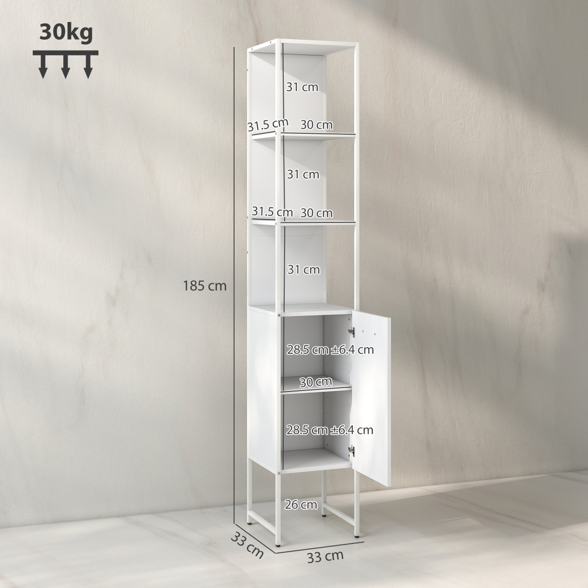 White Bathroom Storage Cabinet with Open & Closed Compartments – Freestanding Organiser