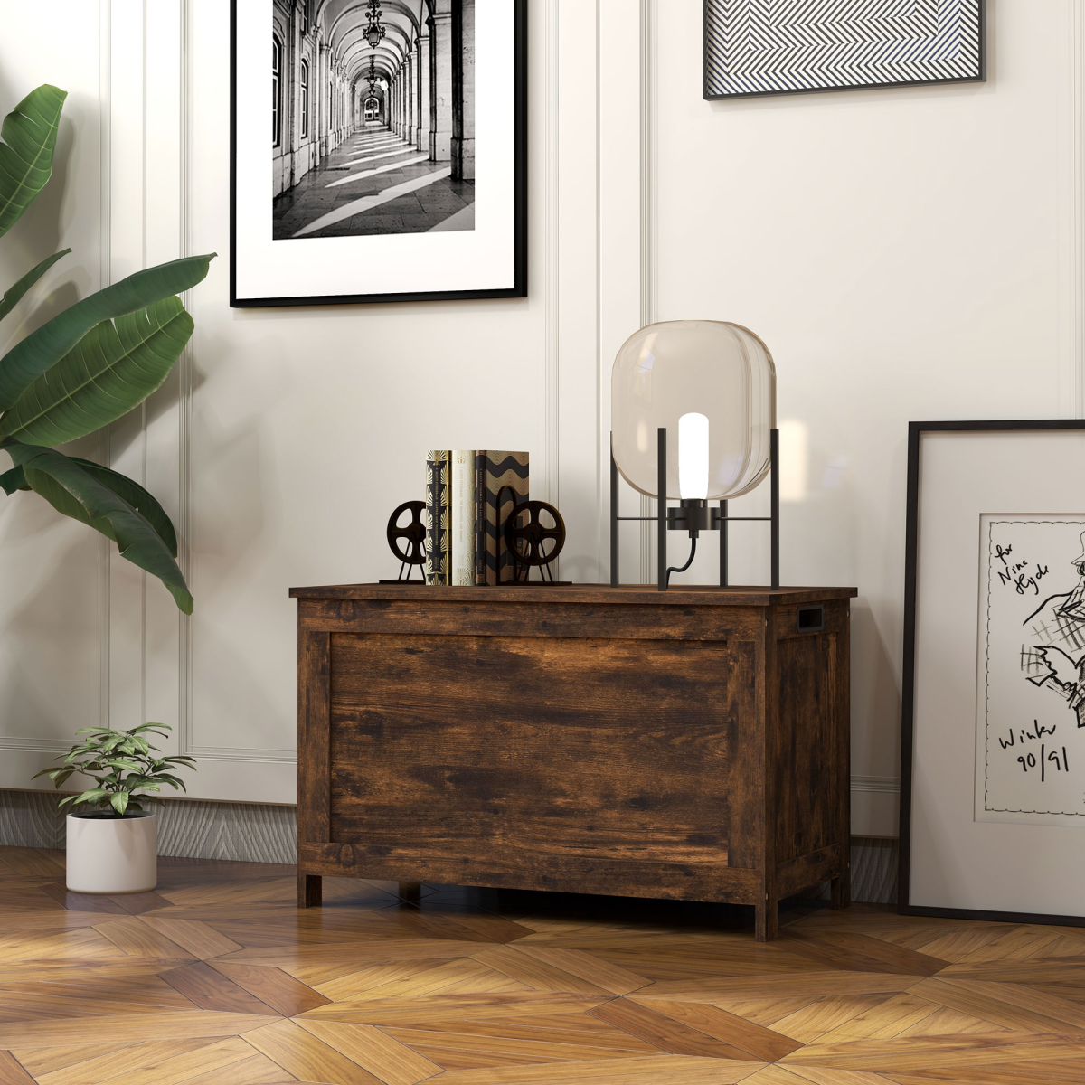 Rustic Brown Storage Bench with Hinged Lid & Side Handles – Entryway Shoe Bench, Storage Chest, MDF