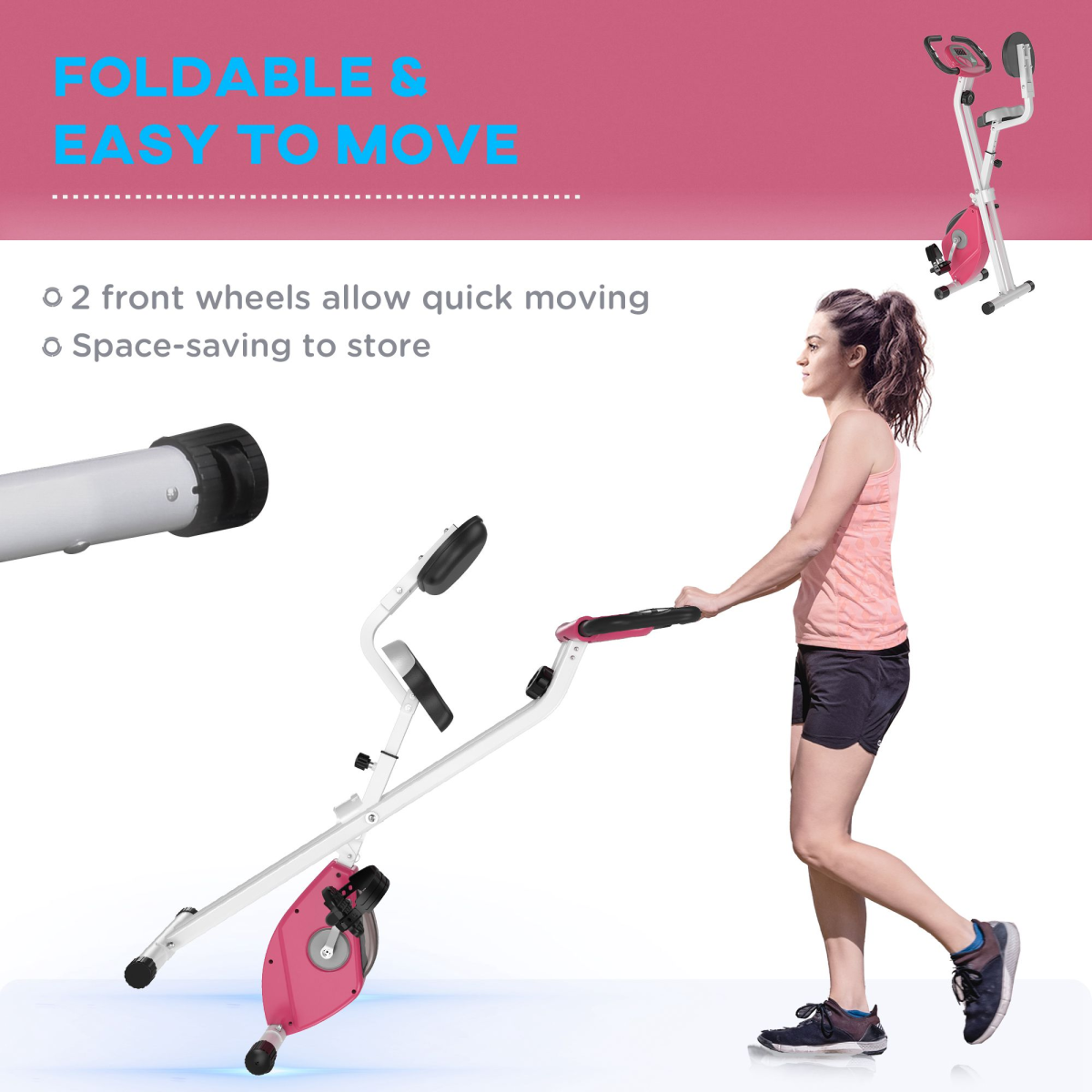 HOMCOM Foldable Magnetic Exercise Bike with 8 Resistance Levels, LCD Monitor & Adjustable Seat – Home Cardio, Pink