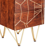 Indian Hub Dark Gold Tall Chest of Drawers, Solid Wood with Metal Inlay