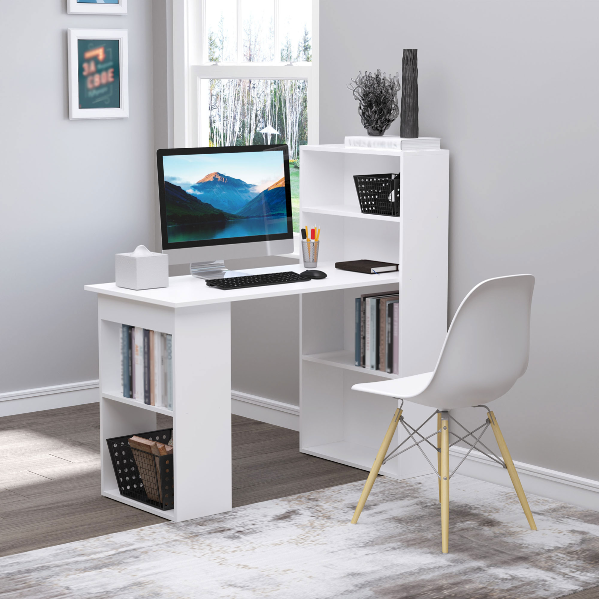 HOMCOM Computer Desk with 6 Shelves and Cubbies – Space-Saving Home Office Workstation, White