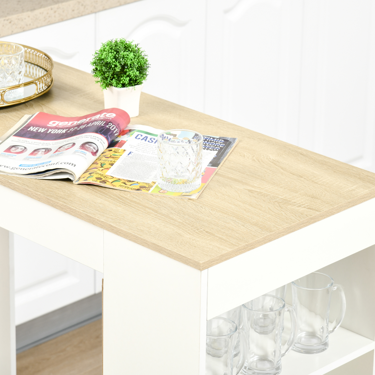 HOMCOM Bar Table with 4-Tier Side Shelves – Compact Kitchen Dining Table, Natural