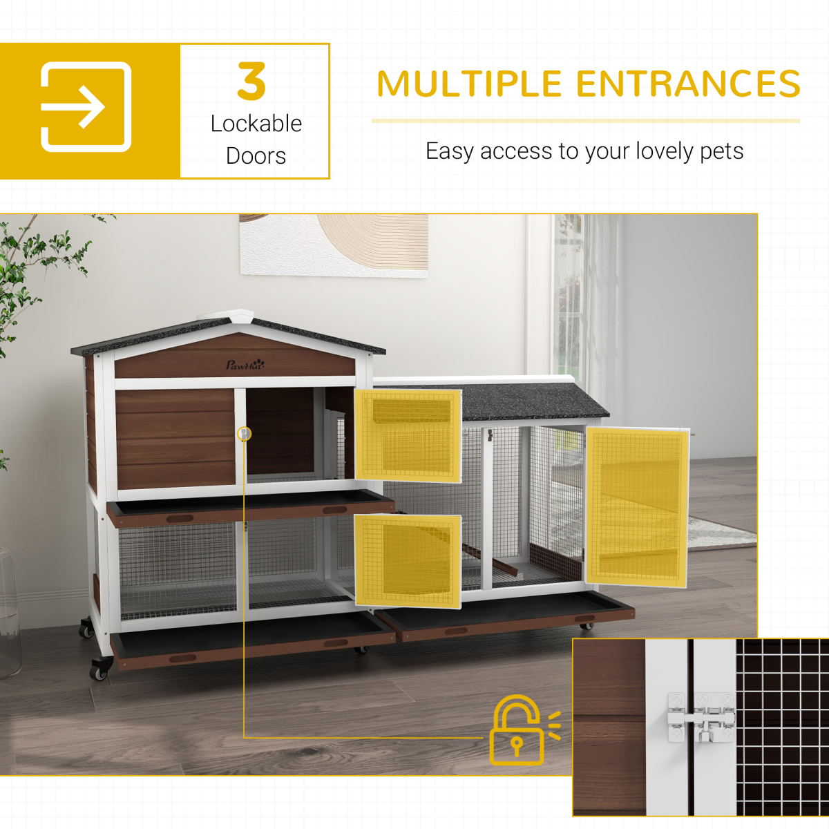 PawHut Wooden Rabbit Hutch with Wheels, Run & Ramp – Outdoor Guinea Pig Cage for 1–3 Rabbits, Brown