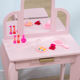 Kids Dressing Table and Stool Set with Mirror and Drawer – Vanity Table for Ages 3-6 Years, Pink
