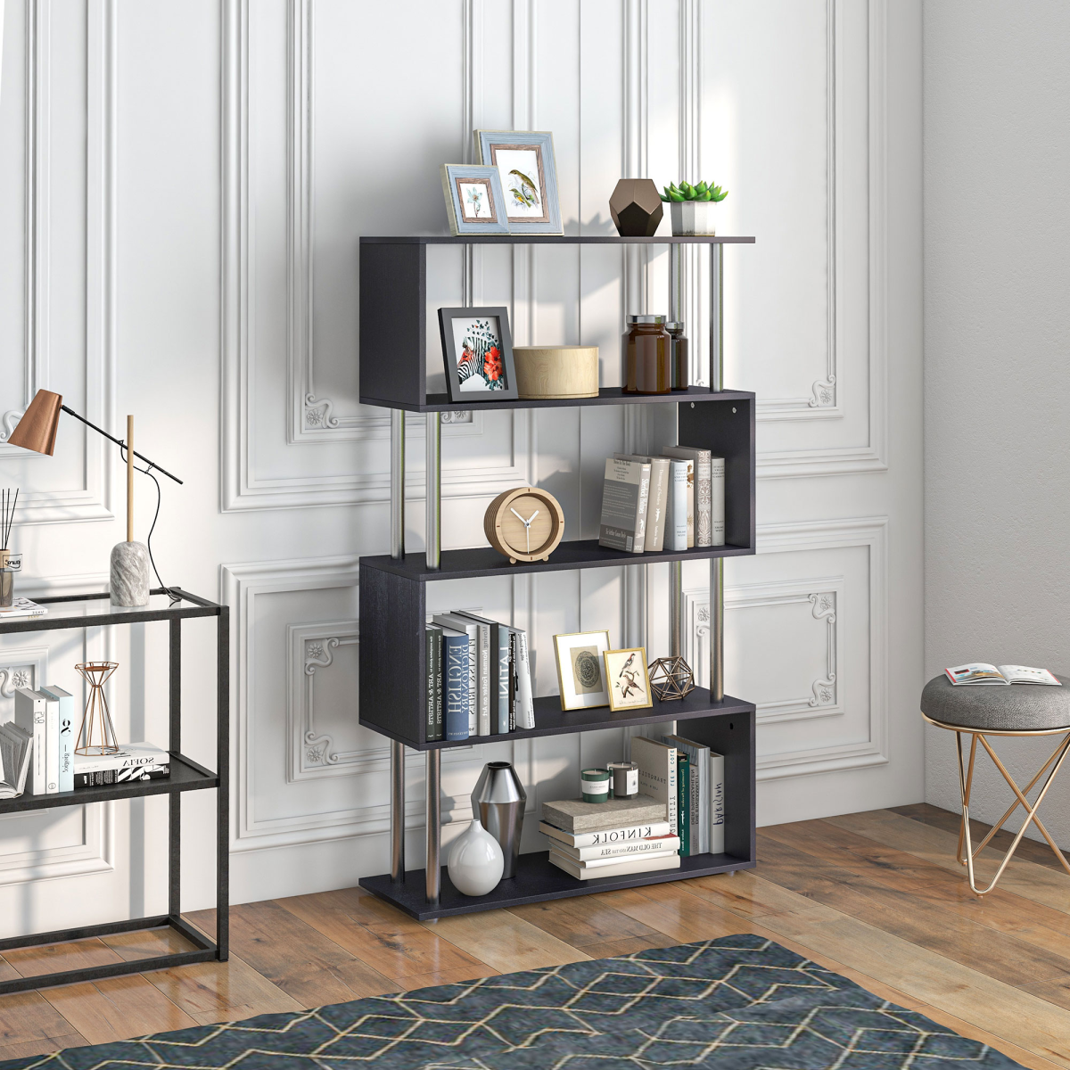 HOMCOM Wooden S-Shape Bookshelf & Room Divider – Multi-Tier Display Shelves, Black