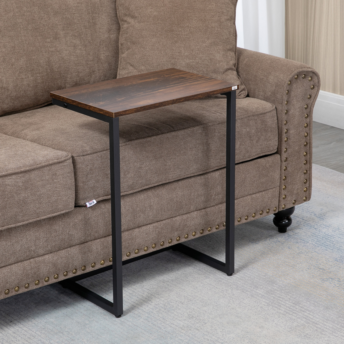 HOMCOM C-Shaped Nesting Tables Set of 3 with Steel Frame – Industrial Sofa Side Tables, Rustic Brown
