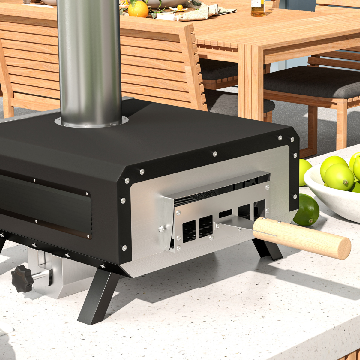 Outsunny Wood Fired Pizza Oven with Rotating Cordierite Stone, Chimney & Thermometer – Outdoor Patio Cooking, Black