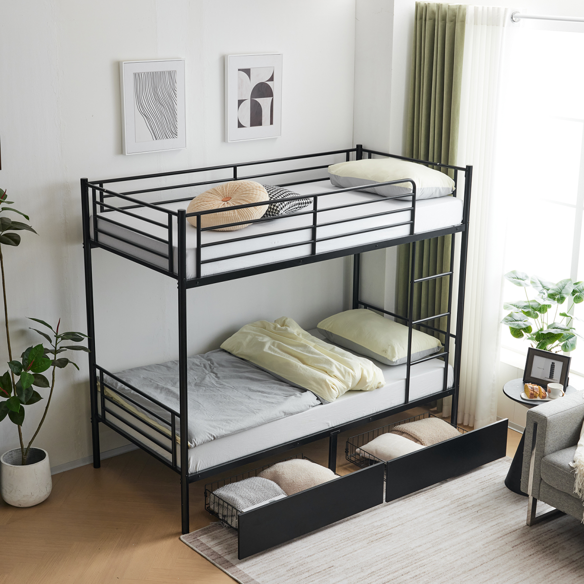 Metal Single Bunk Bed with 2 Storage Drawers, Integrated Ladder & Guard Rail – Black