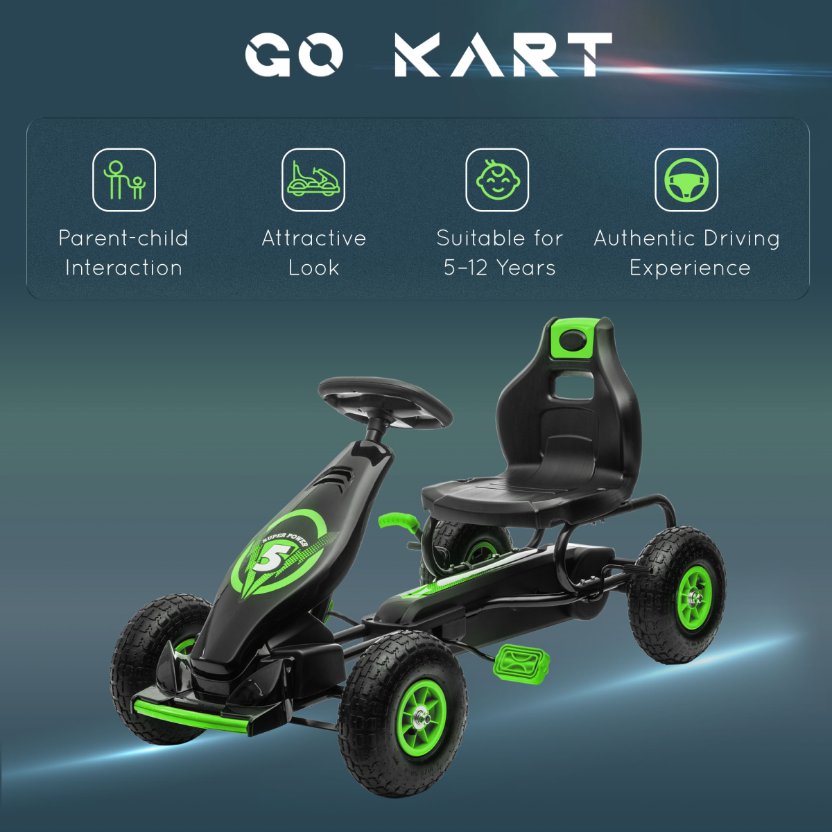 HOMCOM Children Pedal Go Kart with Adjustable Seat, Rubber Wheels and Handbrake – Ride-On for Ages 5-12, Green