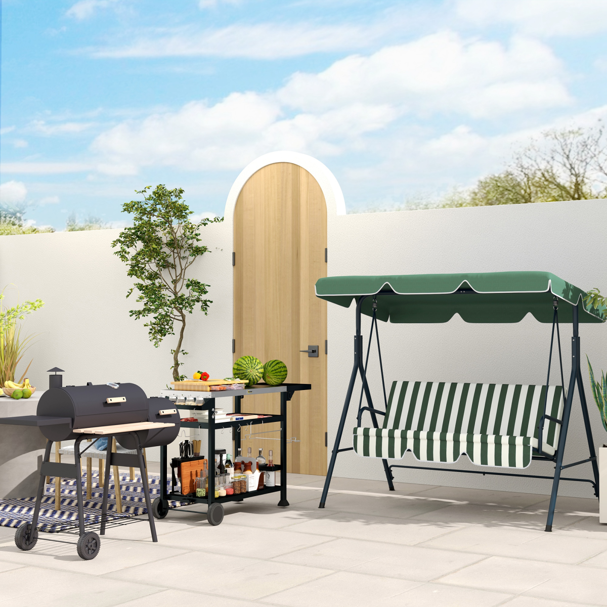 Outsunny Charcoal BBQ Grill with Offset Smoker, Lid Thermometer, Shelves & Wheels – Portable Steel Garden Barbecue