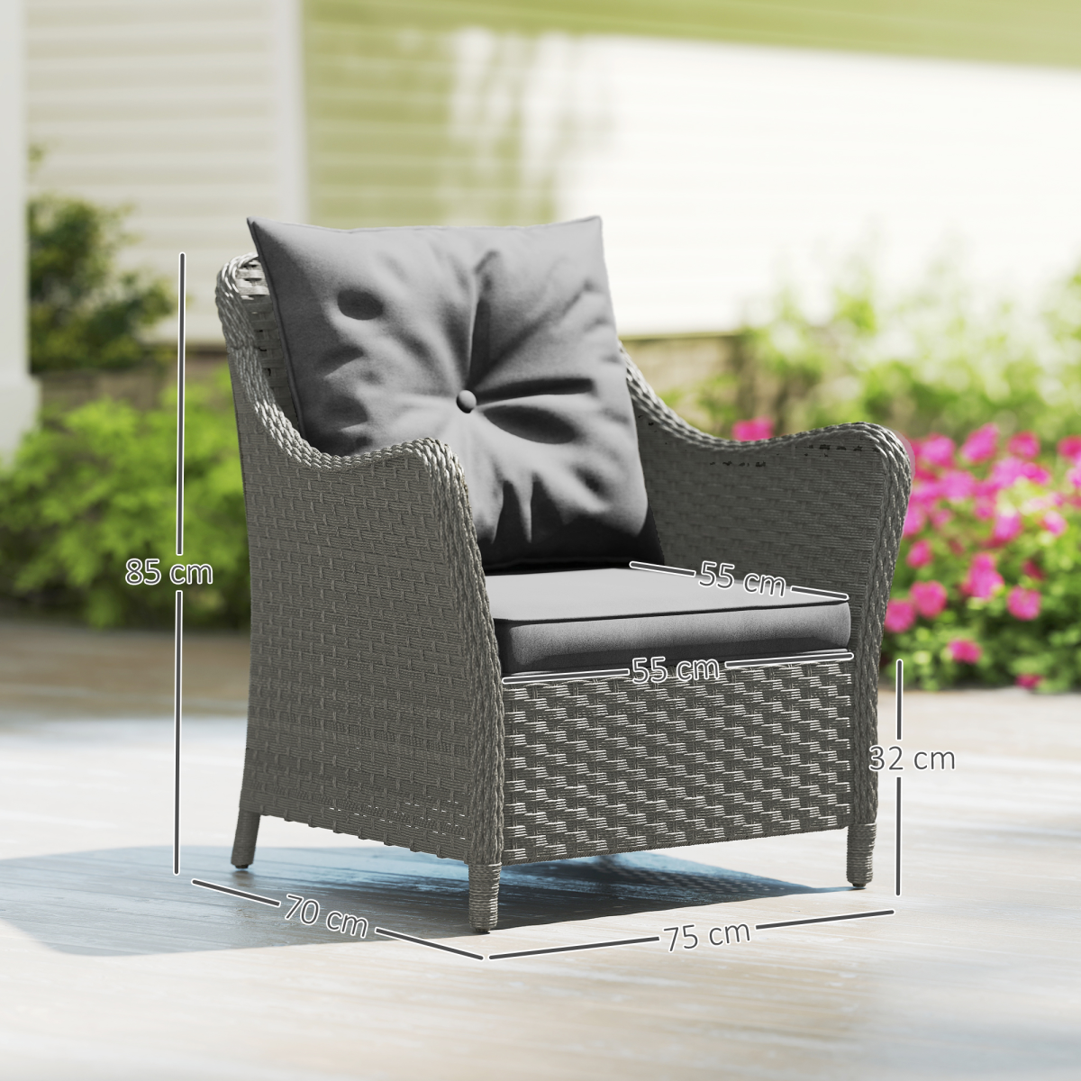 Set of 2 Rattan Garden Chairs with Padded Seat & Back Cushions – Steel Frame Outdoor Armchairs, Dark Grey