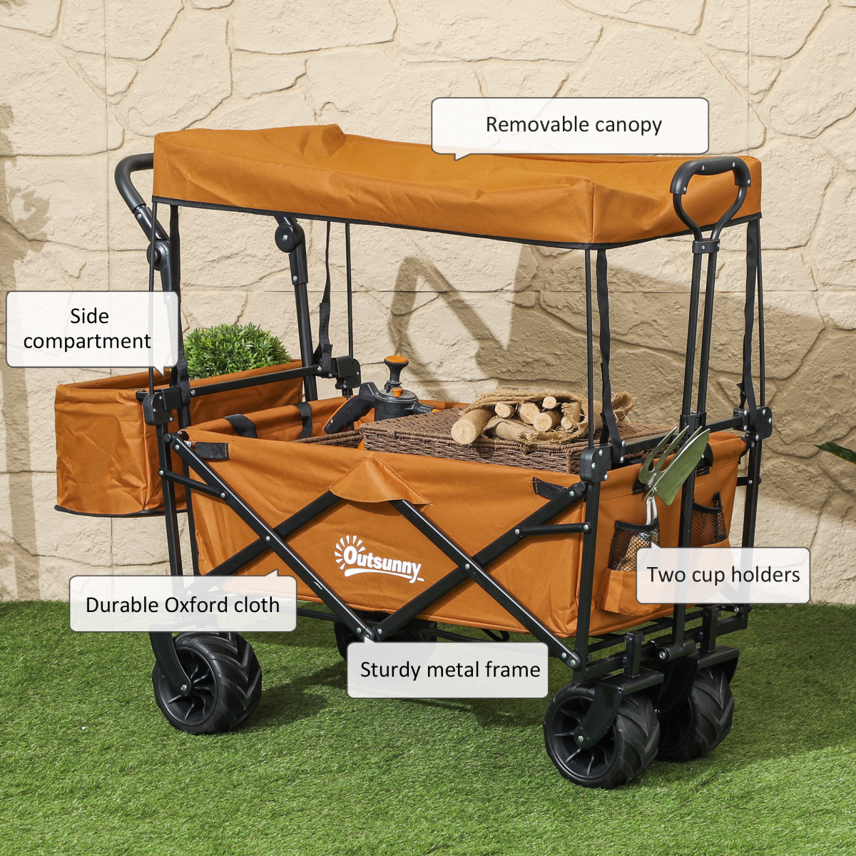 Outsunny Folding Utility Cart with Canopy, 68kg Capacity, Steel Frame & EVA Wheels – Garden Trolley, Orange
