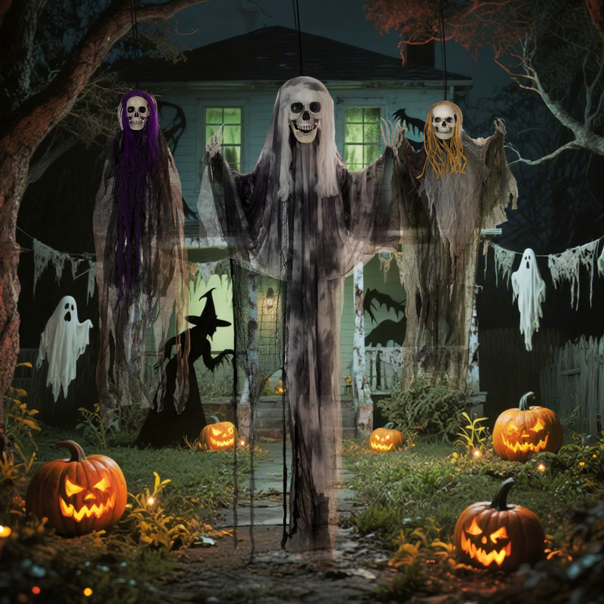 HOMCOM Set of 3 Hanging Skeleton, Flying Ghost Halloween Decorations