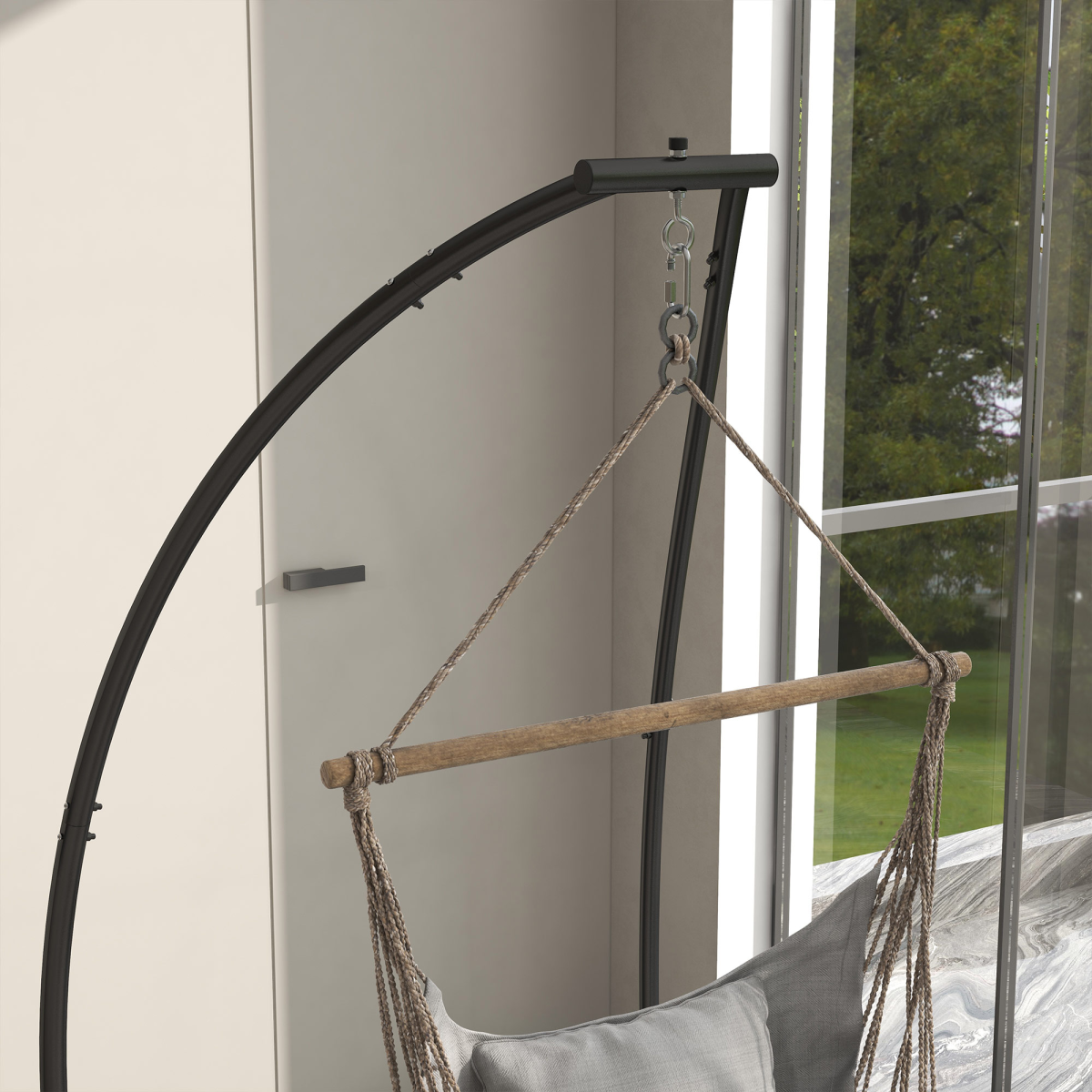 Outsunny C-Shape Metal Hammock Chair Stand with Spring Buckle – Steel Frame, 150kg Capacity, Black