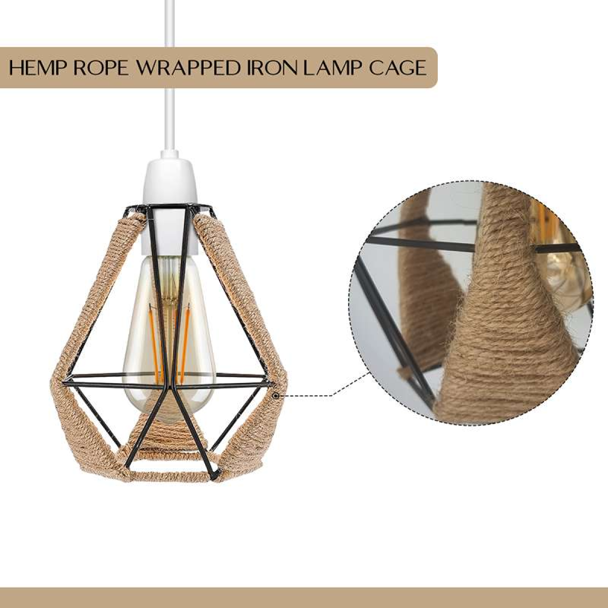 LEDSone Vintage Hemp Rope and Metal Cage Lampshade with Reducer Ring, 18 x 19cm