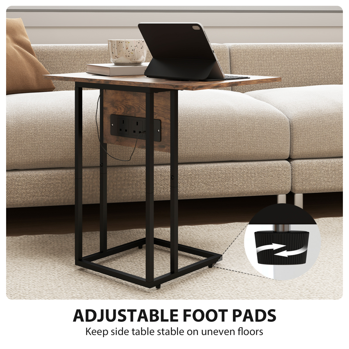 HOMCOM C Shaped Side Table with Charging Station and Foldable Top – Space-Saving, Rustic Brown and Black