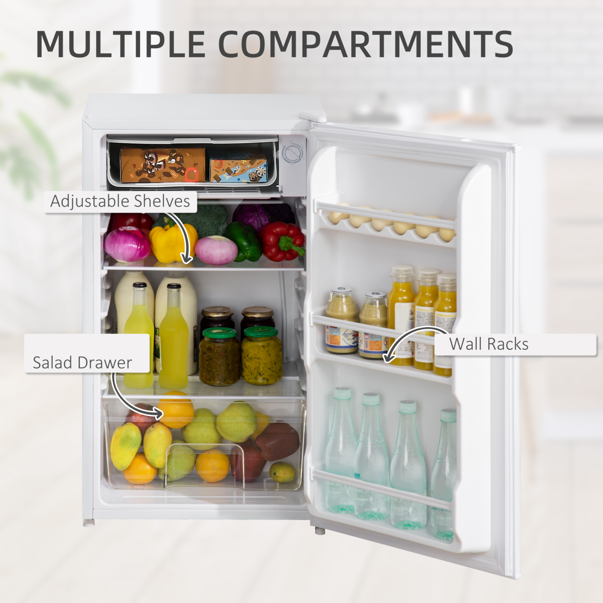 HOMCOM 91L Freestanding Under Counter Fridge with Chiller Box & Reversible Door – Kitchen, Office & Bar, White