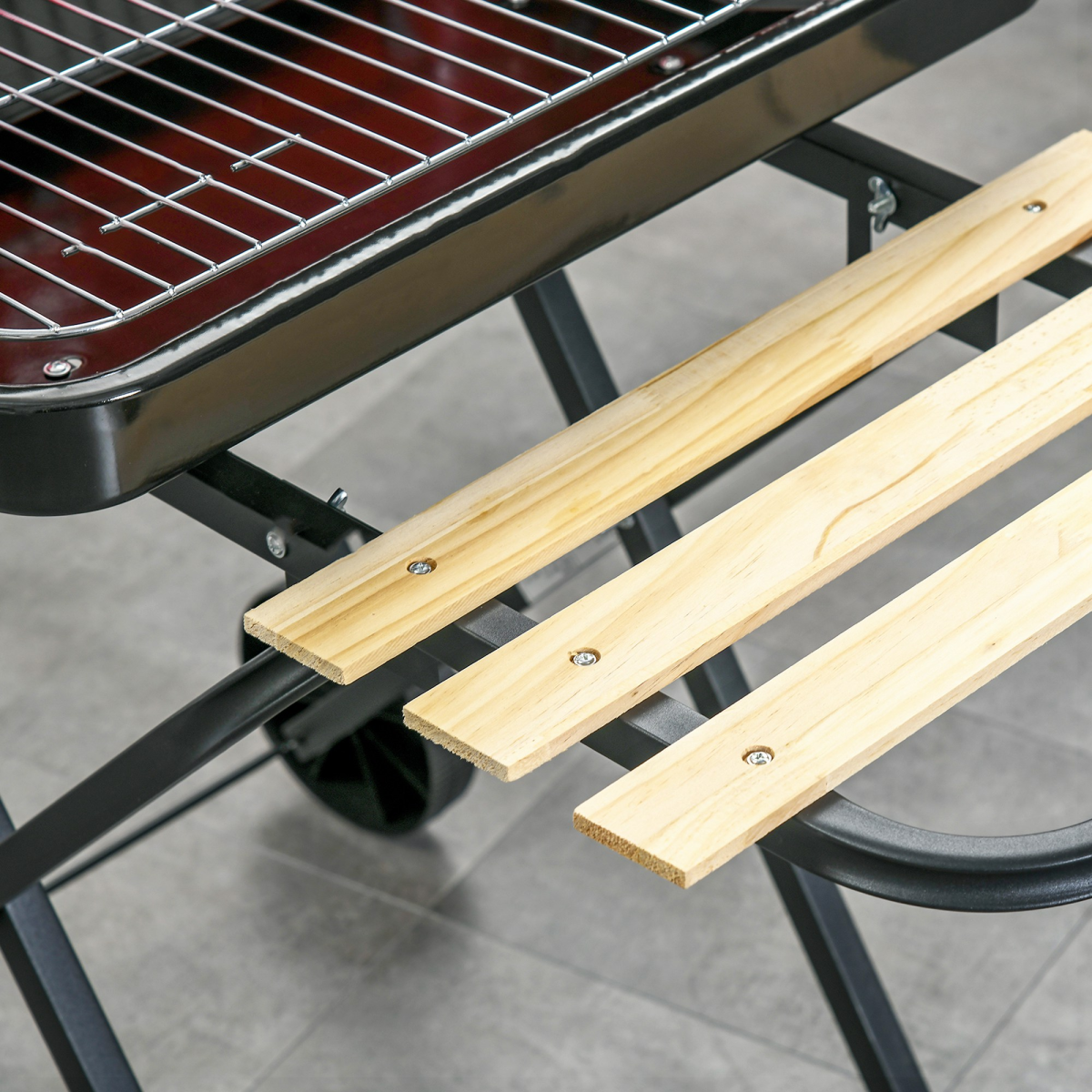 Outsunny Foldable Charcoal BBQ Grill with Wheels & Wooden Side Shelf – Portable Garden Barbecue, Red & Black