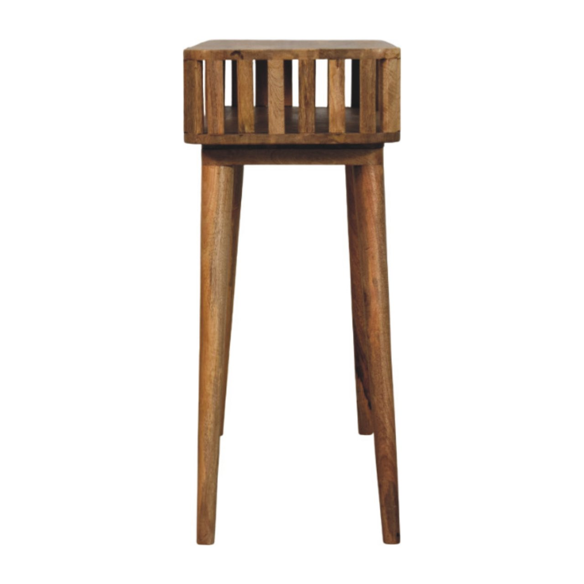 Artisan Furniture Slatted Solid Mango Wood Console Table with Open Shelf & Tapered Legs – Oak-ish Finish, Beige
