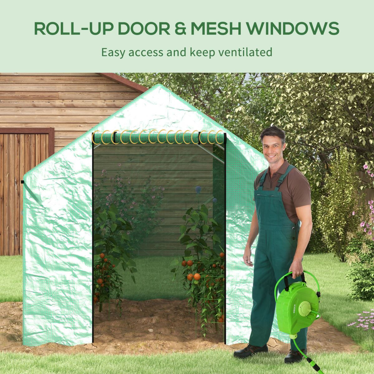 Walk-in Greenhouse with Roll-up Door & Mesh Windows – Galvanised Steel Frame Grow House, 200 x 300 x 200cm, Green