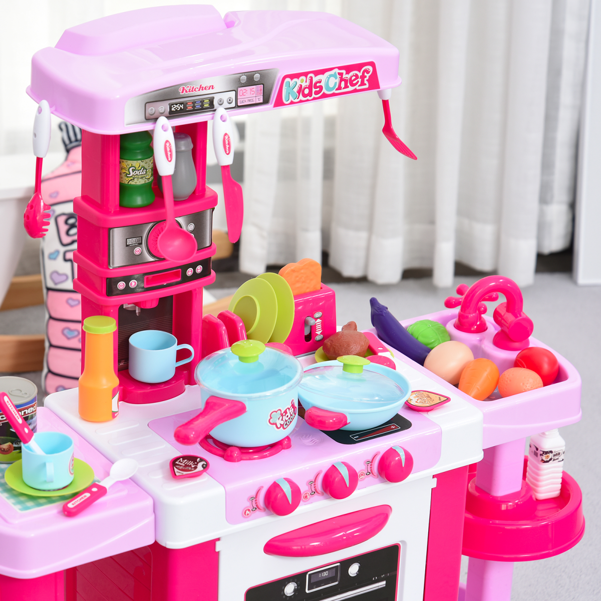 HOMCOM 38-Piece Kids Kitchen Play Set with Oven, Sounds and Lights – Role Play Toy, Pink