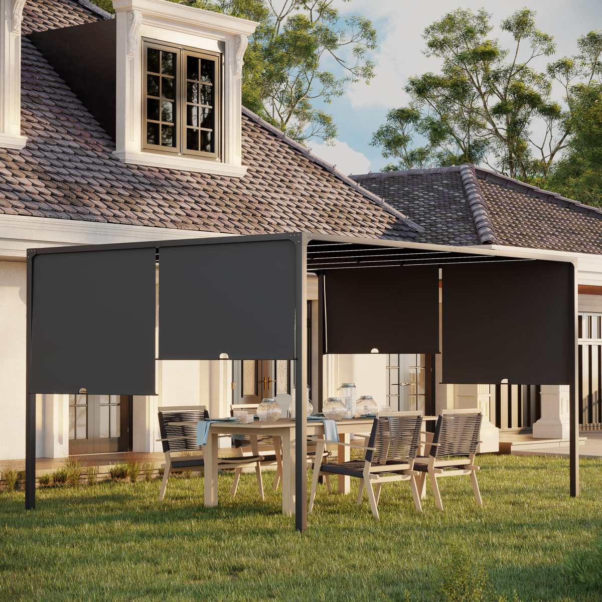 Outsunny 3x4m Garden Pergola with Retractable Roof & Solar LED Lights – Metal Gazebo, Grey