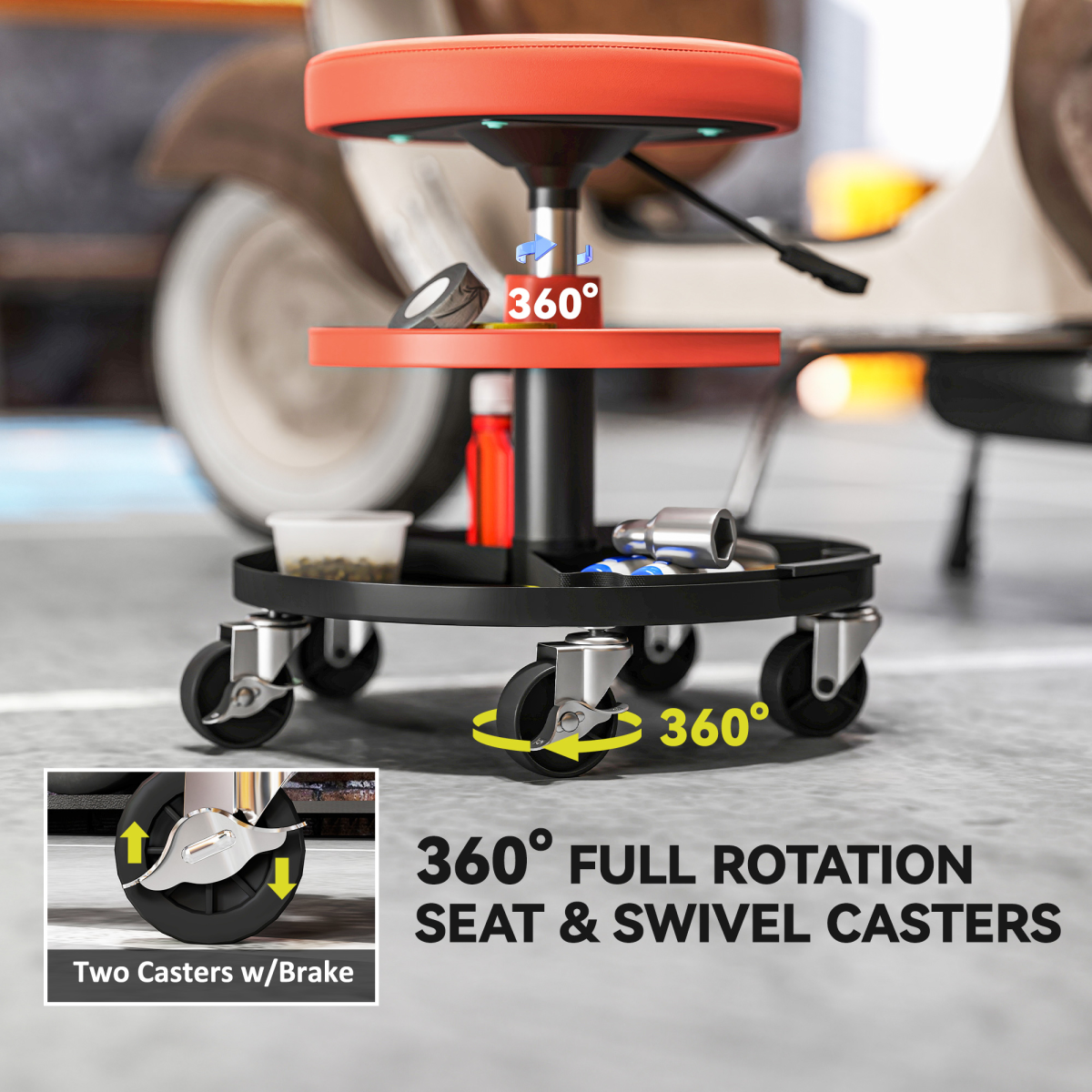 HOMCOM Rolling Mechanic Stool with Height Adjustment & Tool Trays, 135kg Capacity – Garage Workshop Seat, Yellow